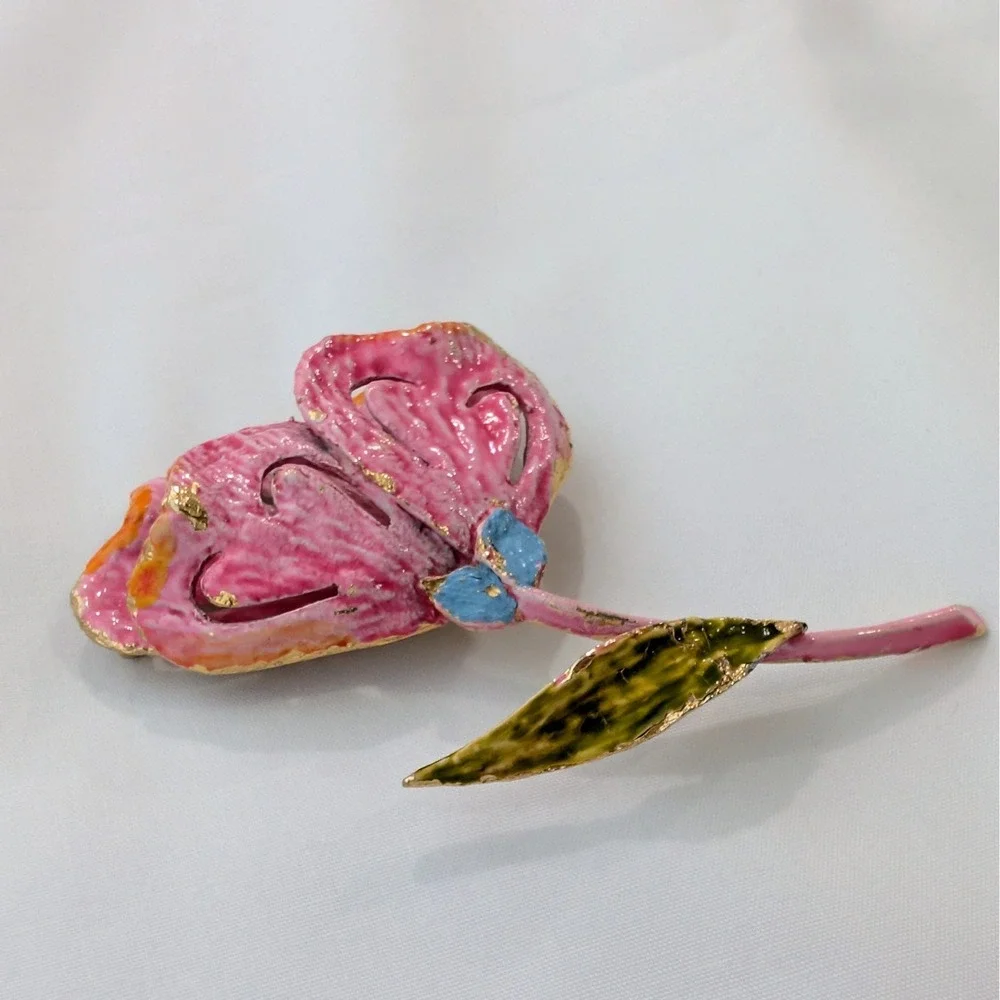 Vintage Signed ART Enamel Flower Brooch Pin Arthur Pepper Gold Tone 3" x 2" - Picture 5 of 9